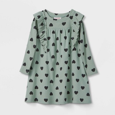 Toddler Girls' Heart Ruffle Long Sleeve Ribbed Dress - Cat & Jack™ Green
