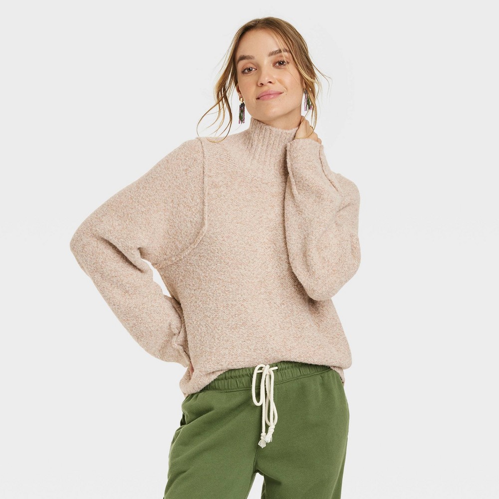 Women's Mock Turtleneck Seam Front Pullover Sweater - Universal Thread Tan XL