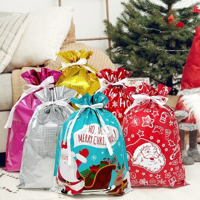 Set of 6 XL Red & White Aluminum Foil Christmas Gift Bags
