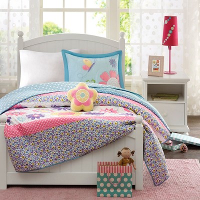 Blue and Pink Reversible Microfiber Twin Quilt Set