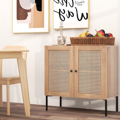 Oak and Rattan Adjustable Shelf Sideboard Cabinet