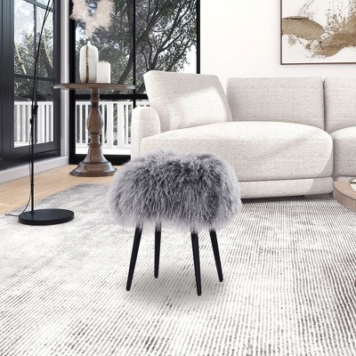 Dimensional Gray Mongolian Sheepskin Round Ottoman with Black Metal Legs