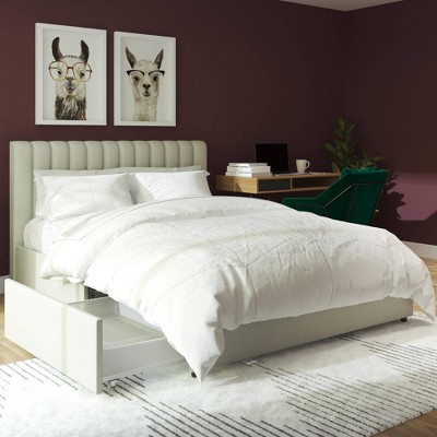 Light Gray Queen Upholstered Platform Bed with Storage Drawers