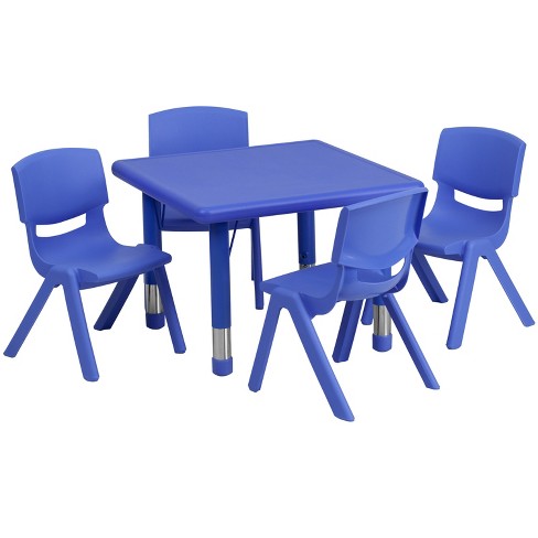 ... 45'' Round Blue Plastic Height Adjustable Activity Table Set with 4 Chairs 