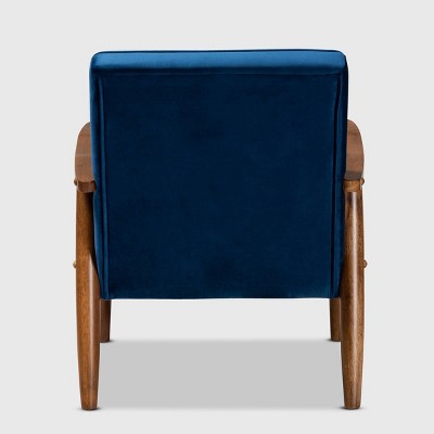 Navy Blue Velvet and Walnut Wooden Accent Chair
