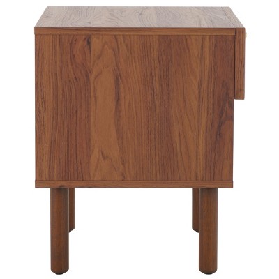 Walnut and Natural Rattan Nightstand with Drawer and Shelf