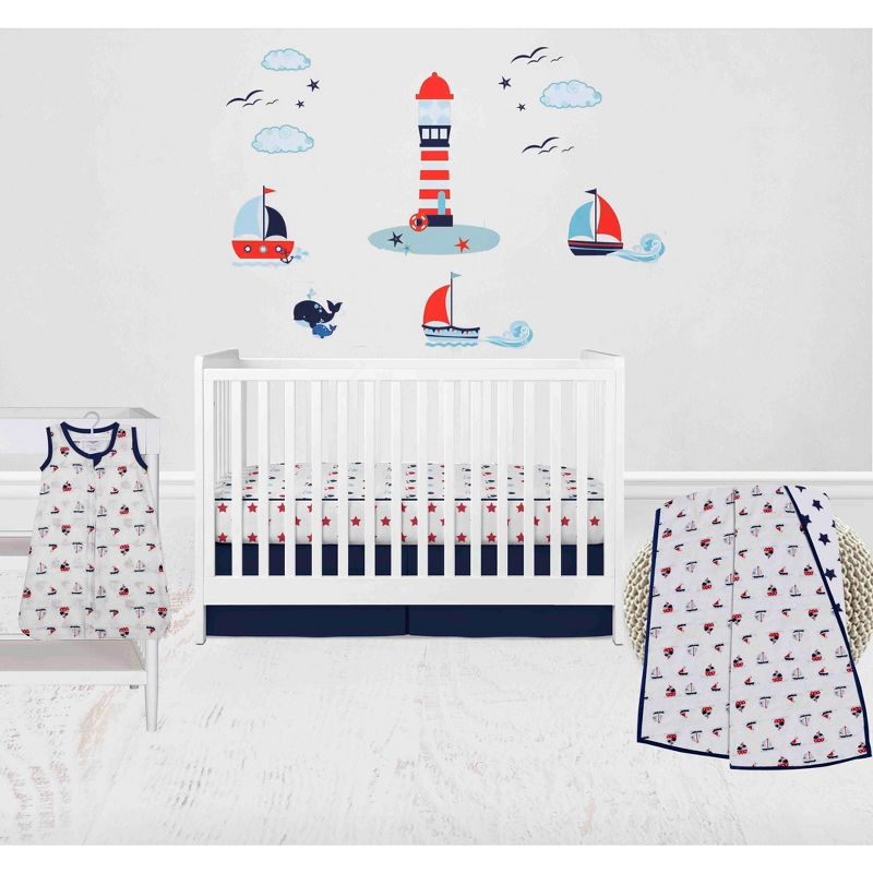 Bacati - Boys Nautical Muslin Whales Boat Red Blue Navy 4 pc Crib Bedding Set with Sleeping Bag, 1 of 12