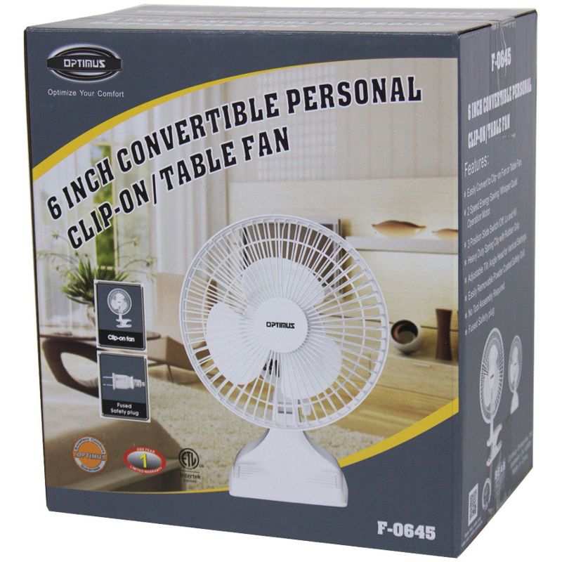 Optimus F-0645A 6-Inch 2-Speed Convertible Personal Clip-On/Table Fan, White, 3 of 7