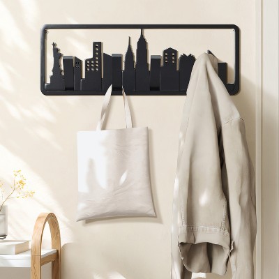 Black Fir Wood Skyscraper Wall-Mounted Coat Rack with 4 Hooks