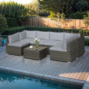 Outdoor 7-Piece Patio Furniture Set, Wicker Patio Conversation Sets with Cushions and Coffee Table, Outdoor Modular Sectional Sofa - 1 of 4