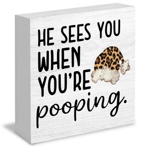 Funny Leopard Christmas Bathroom Wood Box Signs, He Sees You When You're Pooping Sign, Christmas Cheetah Print Santa Hat - 1 of 4