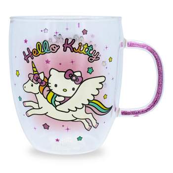 Silver Buffalo Sanrio Hello Kitty Unicorn Glass Mug With Glitter Handle | Holds 14 Ounces