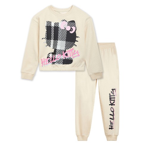 Hello Kitty Girls Fleece Boxy Sweatshirt Crop Top And Jogger Pants 