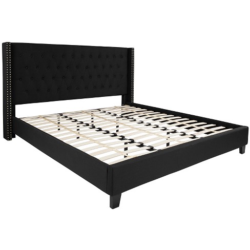 Merrick Lane Upholstered King Size Platform Bed In Black Fabric With Button Tufted Headboard Target