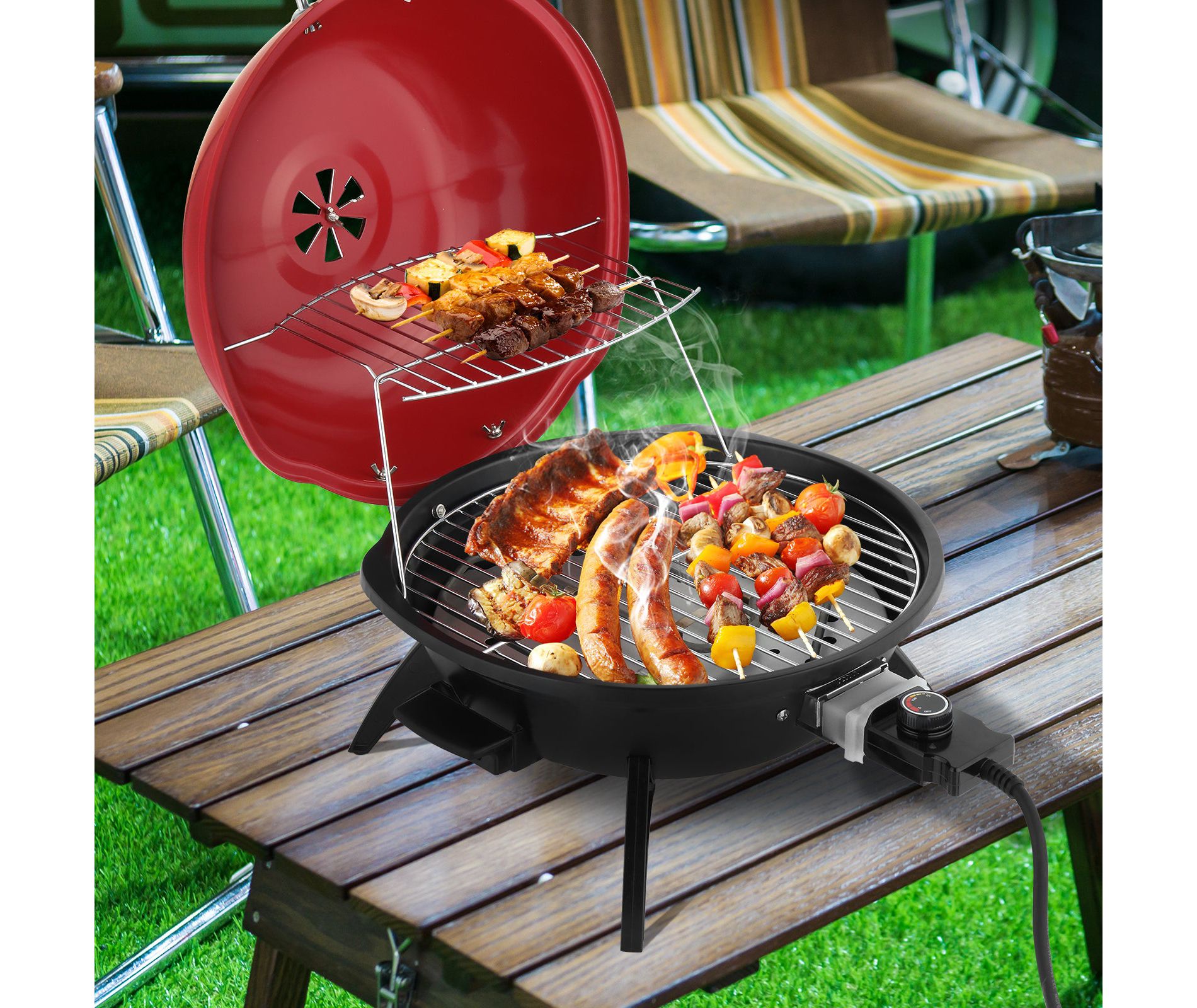 Electric Countertop BBQ Grill, Portable Double Layer Indoor/Outdoor Electric Grill for Indoor & Outdoor Use, 1600W, Red