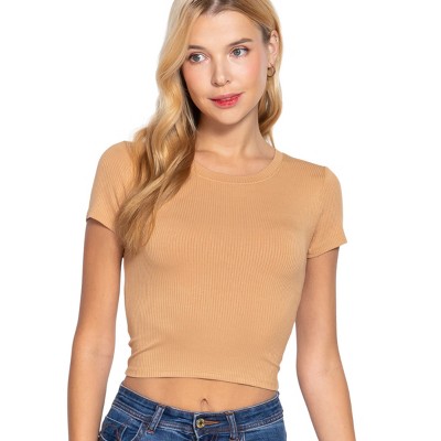 Slickblue Stretch Ribbed Crew Neck Crop Top - Honeycomb Short Sleeve Tee for Everyday Wear, Size S-L