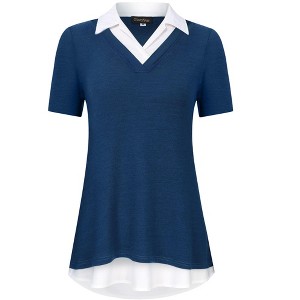 BLUEMING Womens Summer T-Shirts V Neck Faux Layering Shirts Color Block Polo Shirts Plaid Teacher Shirts - 1 of 3