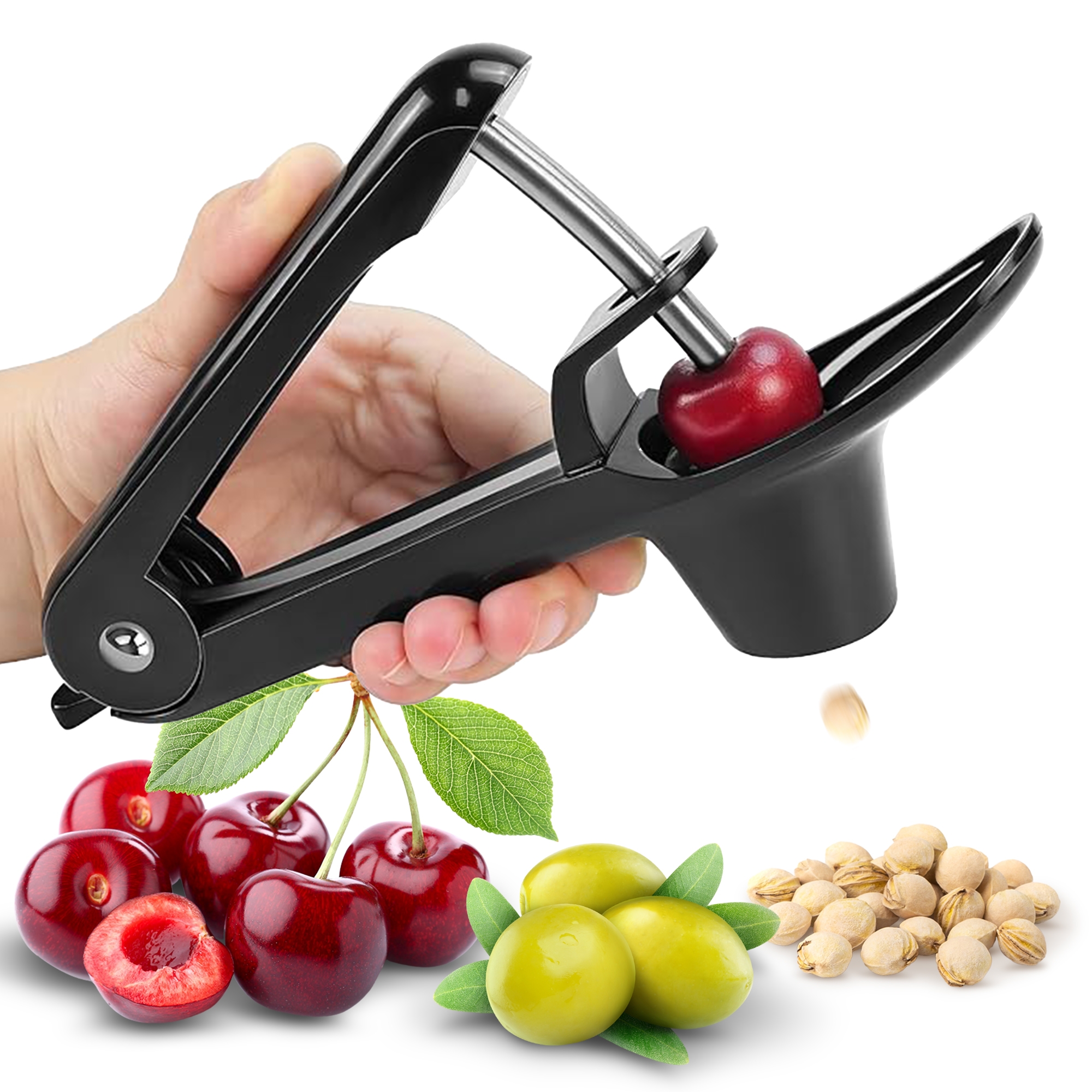 Cheer Collection Premium One-Handed Cherry and Olive Pitter (Black)