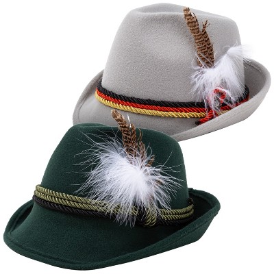 Joyfy 2 Green and Gray Swiss German Alpine Top Hats, Adults Retro Felt Fedora Hats for Halloween, Bavarian Dress Up, Costume Accessories