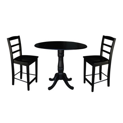 35.5" Round Pedestal Gathering Height Extendable Dining Table with 2 Counter Stools Black - International Concepts