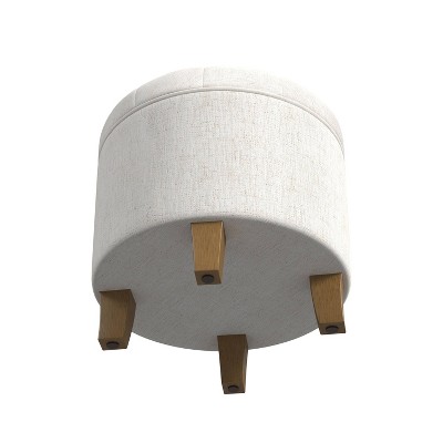 Cream Tufted Round Storage Ottoman with Wooden Legs