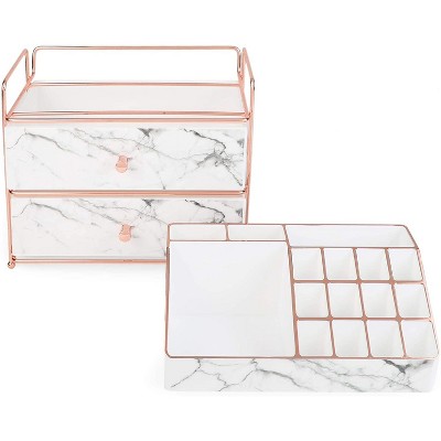 Glamlily White Marble Makeup Storage, Cosmetic Organizer Drawers (9.5 x 9.5 x 5.5 Inches)