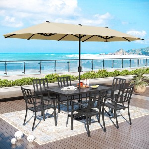 Captiva Designs 8pc Patio Dining Slat-top Rectangle Table & Stackable Steel Chairs & 13ft Large Umbrella - 1 of 4