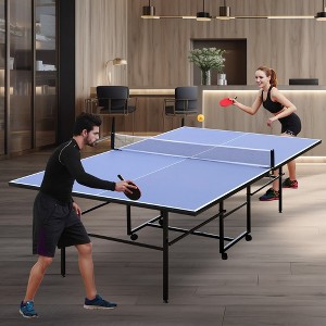 9ft Mid-Size Table Tennis Table Foldable & Portable Ping Pong Table Set for Indoor Games with Net, 2 Table Tennis Paddles and 3 Balls - 1 of 4