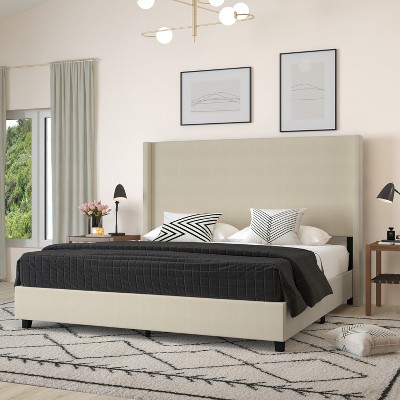 Beige King Upholstered Platform Bed with Wingback Headboard