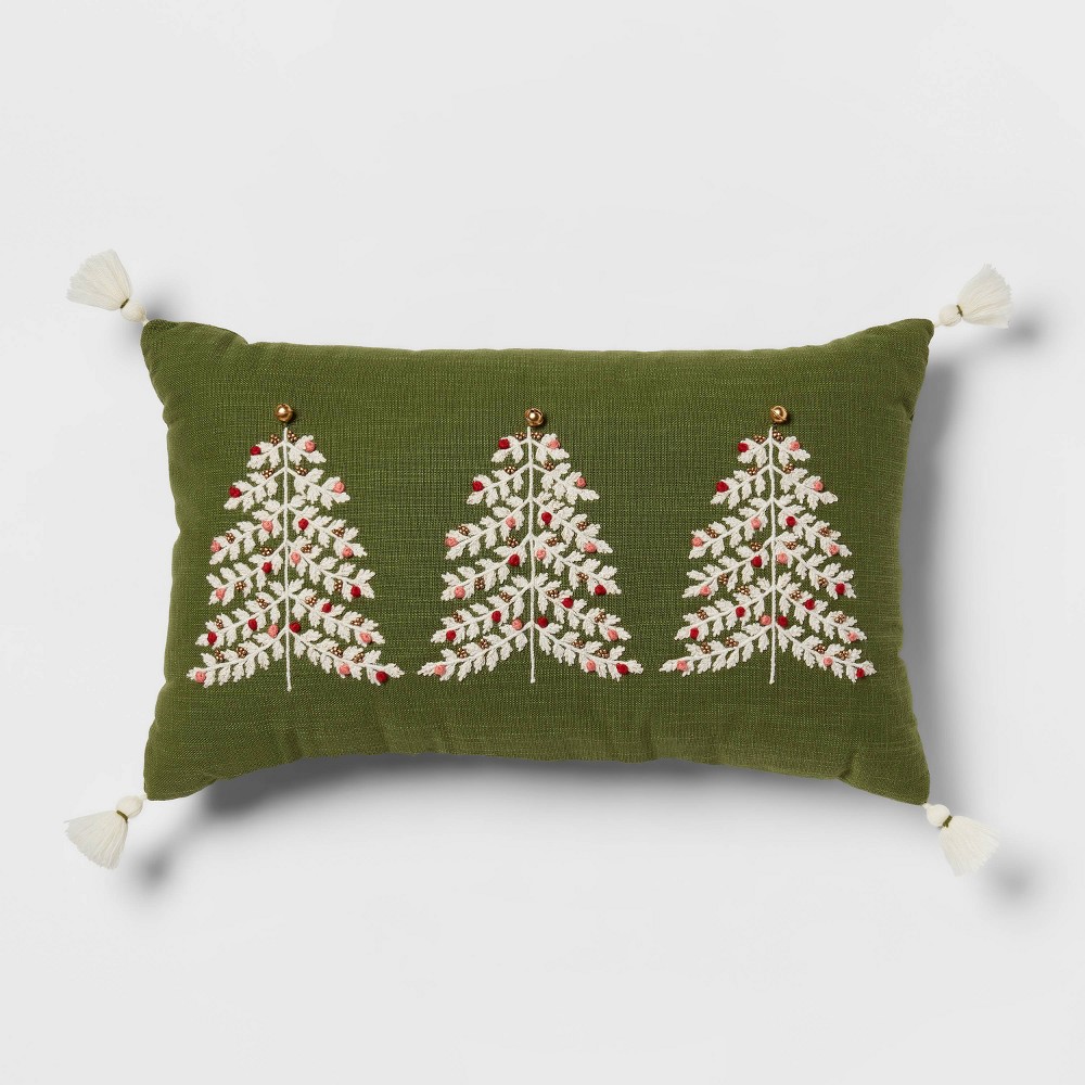 Oversized Tree Embroidered Lumbar Christmas Throw Pillow Green - Threshold