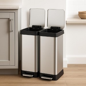Dual Trash Recycle Bin - 16 Gallon Stainless Steel Kitchen Step Can with Soft-Close Lid, Hands-Free Foot Pedal, 8+8 Gal Combo for Waste & Recycling - 1 of 4
