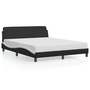 vidaXL Faux Leather Bed Frame - 59.8"x79.9" Black/White - Fashionable Waved Design Headboard, Easy Maintenance, Sturdy Support Legs, Plywood Slats - 1 of 4