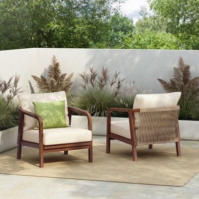 Solid Wood Outdoor Patio Lounge Chair,Curved Armrest Garden Lounge Chair,Comfy Woven Backrest Poolside Chair with Cushions-Coolbibila