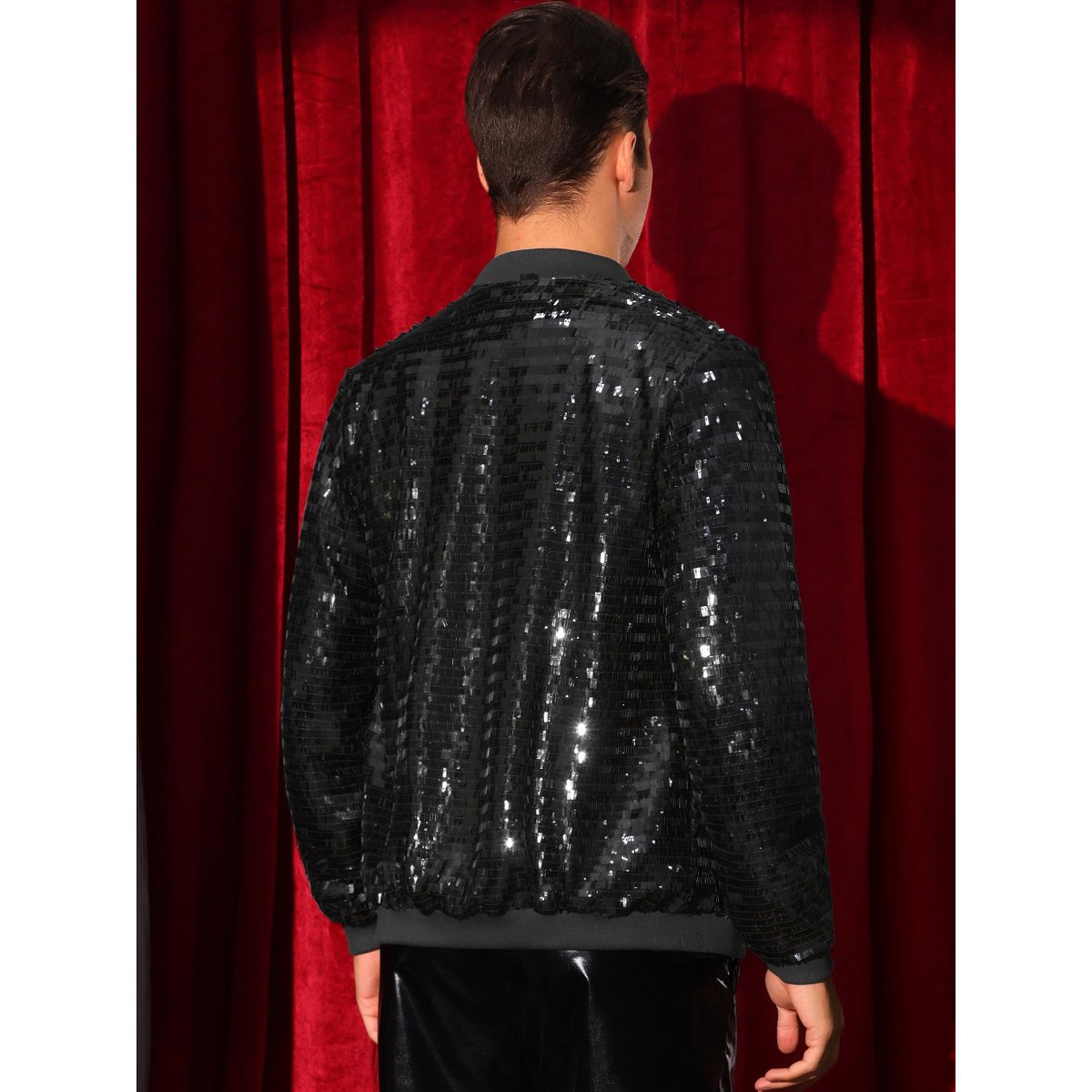 Мужские куртки INSPIRE CHIC Sequin Varsity Jackets for Men's Zipper Festival Disco Sparkly Shiny Baseball Bomber Jacket Black Medium — фото 3