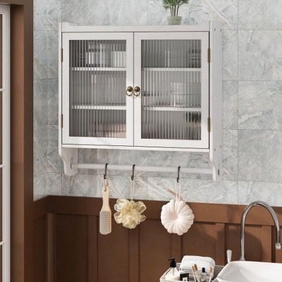 Modern Decorative Storage Cabinet, CENGHU Glass Door Vintage 2 Door Wall Cabinet with 3 Tiers of Storage with Towel Rack for Kitchen and Bathroom