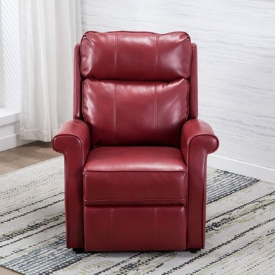 Transitional Red Leather Power Lift Recliner with Wooden Frame