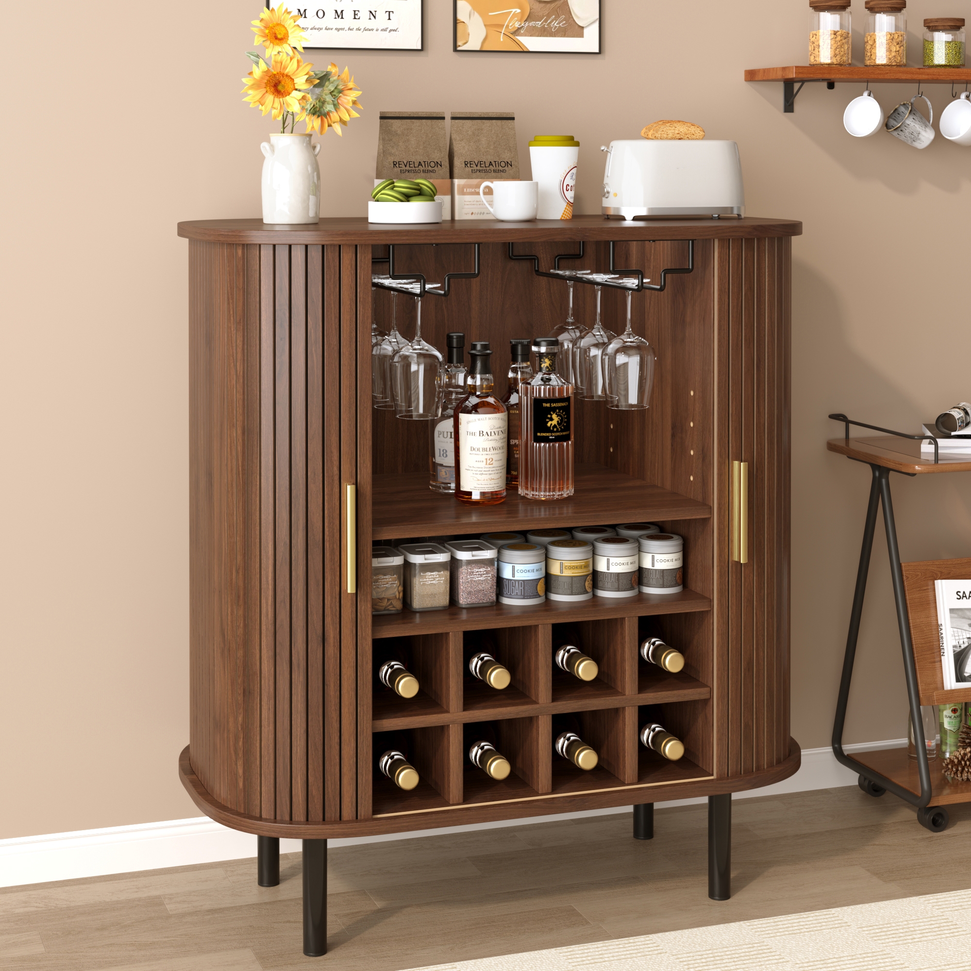 ModernLuxe Fluted Wine Bar Cabinet, Mid-Century Modern Coffee Station Buffet Sideboard with 8-Bottle Liquor Storage Rack & Glass Holders, Walnut