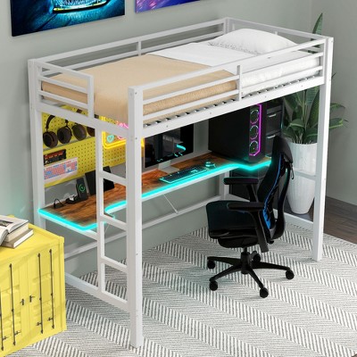 TIRAMISUBEST Twin Size Gaming Metal Loft Bed Frame with LED Light and Desk