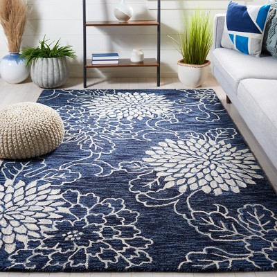 Navy and Ivory Floral Hand-Tufted Wool 6' x 9' Area Rug