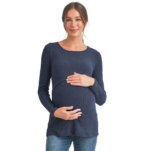 Hello Miz Women's Ribbed Long Sleeve Round Neck Maternity Nursing Top - 1 of 4