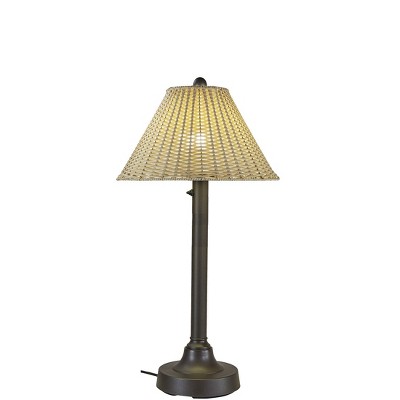 Patio Living Concepts Tahiti II 34 Table Lamp 19217 with 2 bronze tube body and tight weave, flat wicker, stone shade