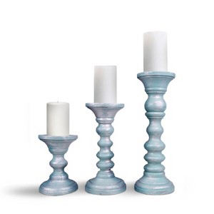 Mela Artisans Sliver Over Spa Blue Candle Holders for Pillar Candles (Set of 3) Rustic Wooden Candle Holders Pillar 6", 9", 12" - 1 of 4