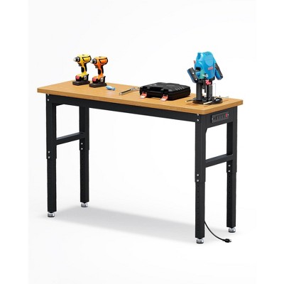 60" Adjustable Height Work Bench with Power Outlet, Heavy Duty Solid Wood Work Table, Max 2200 LBS Capacity Garage