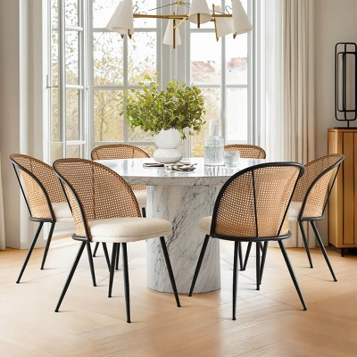 Set of 6 Faux Rattan Cane Back Dining Chairs, Upholstered Accent Chairs for Kitchen Table, Dining Room or Breakfast Nook-Maison Boucle
