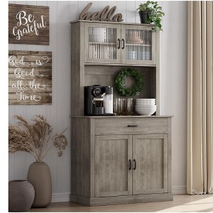 GustoWave 71'' Kitchen Pantry Storage Cabinet with Glass Doors and Microwave Stand, Freestanding Tall Kitchen Cabinet for Dining Room - 1 of 4