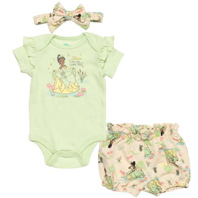 Image of Disney Princess Tiana Newborn Baby Girls Bodysuit Shorts and Headband 3 Piece Outfit Set Green / Khaki 0-3 Months