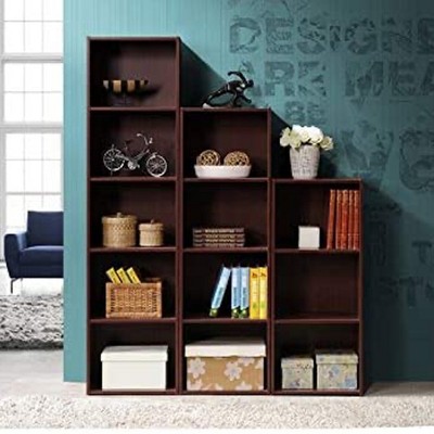 Mahogany 3-Shelf Kid-Friendly Storage Bookcase with Cubes and Doors