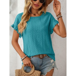 Coolmee Womens Summer Ruffle Short Sleeve Tops Crewneck Hollow Out T Shirts Casual Blouses - 1 of 4