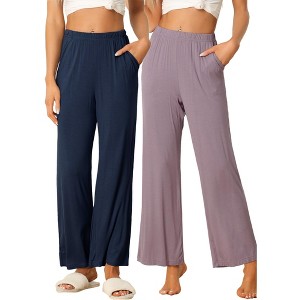cheibear Women's Cotton Elastic Waist Straight Wide Leg Long Pants with Pocket 2 Pack - 1 of 4