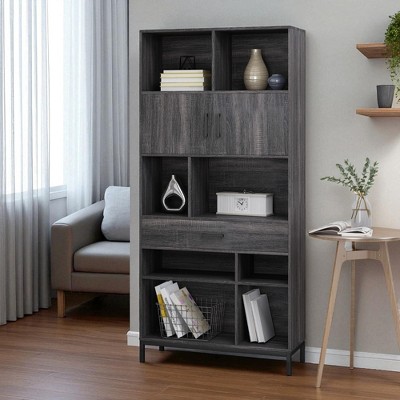 Cube Unit Bookcase with Cabinets, Drawer and Open Shelves, Contemporary Storage Display Bookshelf with Iron Legs for Living Room, Office